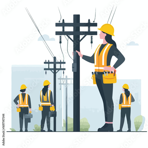 An electrician wearing a yellow helmet and safety vest stands next to an electric pole with a simple and minimalist flat design using a white background.