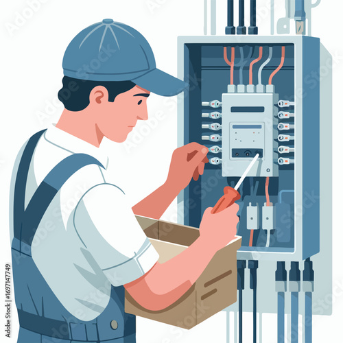 An electrician is repairing an electric cable with a simple and minimalist flat design using a white background.