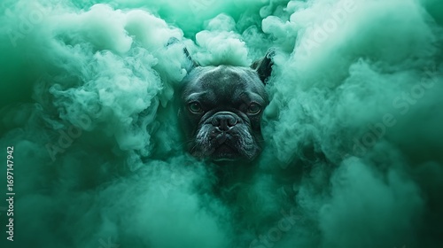French Bulldog Emerges from Emerald Green Smoke with Artistic Pet Portrait.