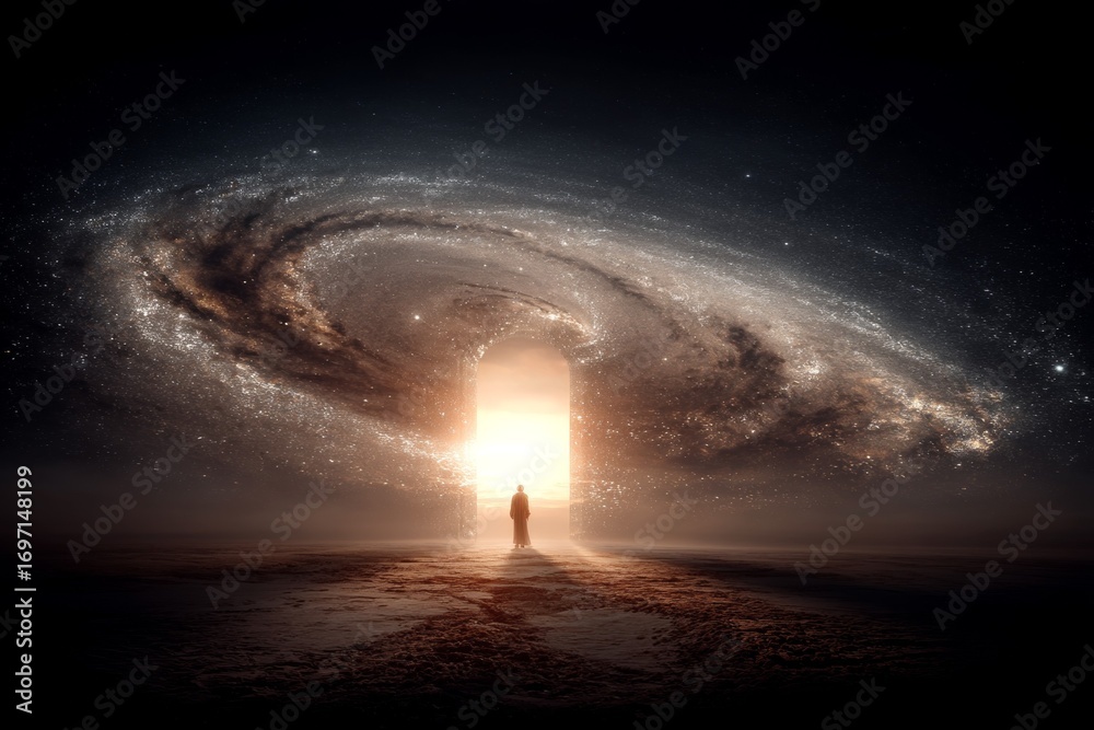 Fototapeta premium Cosmic gateway: silhouette of person standing before galactic spiral and luminous doorway