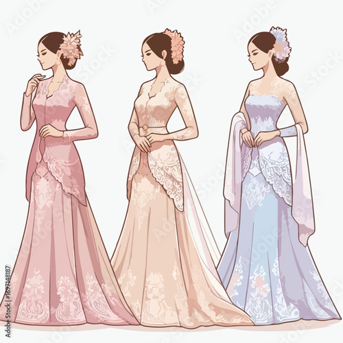 Javanese woman wearing a classic pastel colored kebaya with a simple and minimalist flat design using a white background