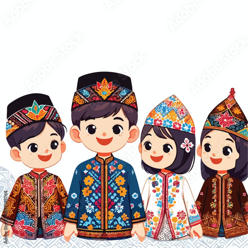 small child wearing traditional Javanese clothing with a simple and minimalist flat design using a white background