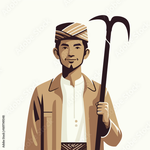 a farmer with a hat and a hoe with a simple and minimalist flat design using a white background