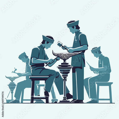 A man is polishing a keris with a simple and minimalist flat design using a white background.