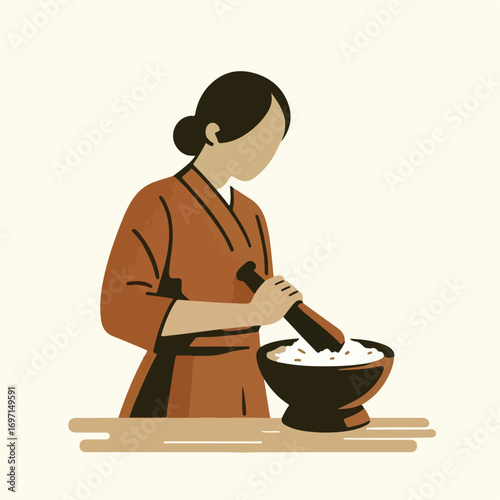 Mother is pounding rice in the barn with a simple and minimalist flat design using a white background