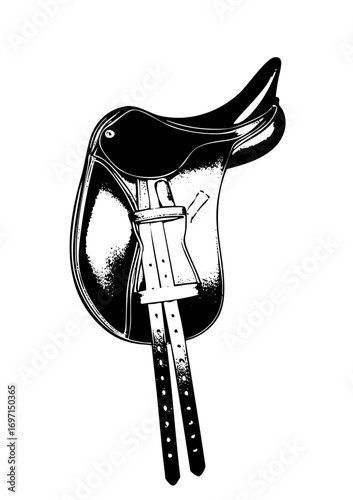 Vector Detailed of a black equestrian saddle with stirrups.