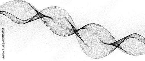 Abstract stipple wave flow in light grain texture and digital spray. Gradation of particles in monochrome background. Vector.