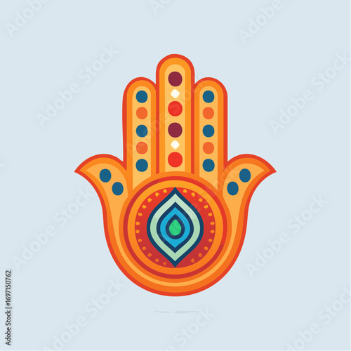 Orange Ornate Hamsa Hand with Colorful Dots and Teardrop on Light Blue Background