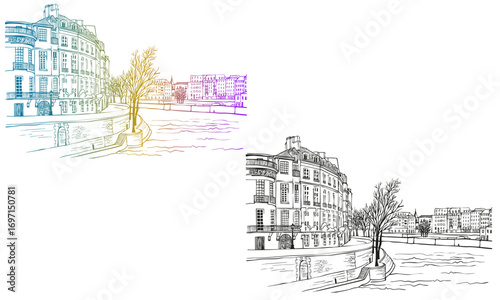 Romantic view of old Paris and river Seine. Paris, France. Hand drawn sketch. Line art. Colorful and Black and White Vector background. For illustration and romantic Postcards.