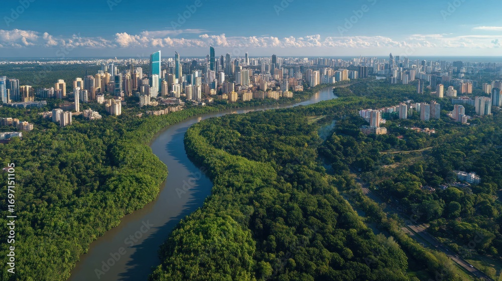 Obraz premium Breathtaking aerial view capturing the Edmonton skyline with lush river valley