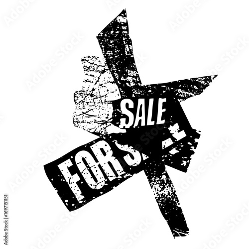 Vector Distressed starburst sign announces a sale with bold typography.