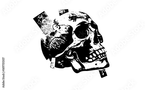 Vector Dramatic skull with fractured elements.