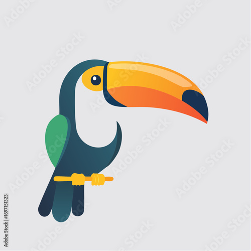 Toucan Bird With Orange Beak And Green Wing On Gray Background