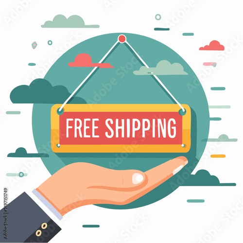 Hand Holding Free Shipping Sign With Clouds