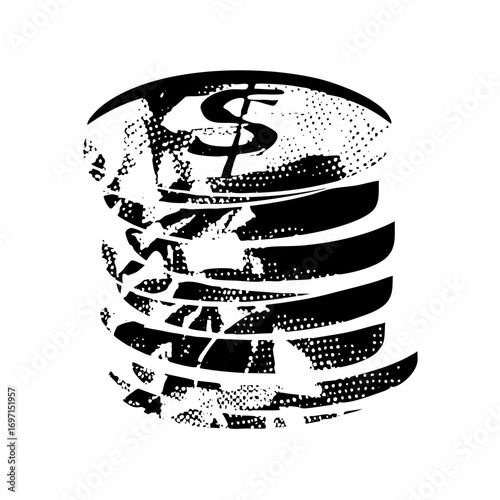 Vector Abstract globe with currency symbol and fractured bands.