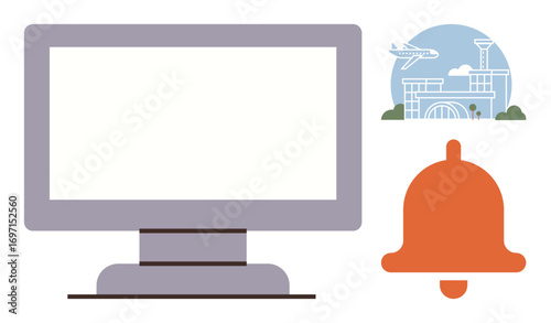 Desktop monitor alongside airport terminal with airplane graphic and alarm bell conveys ideas of travel updates, notifications, digital alerts. Ideal for technology, travel, airport systems