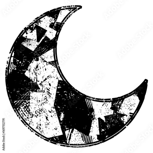 Vector Distressed moon with abstract shapes.