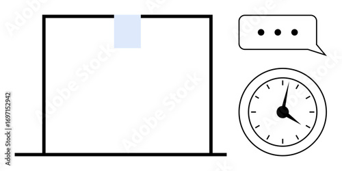 Minimalistic blank board with sticky note, analog clock, and speech bubble with three dots. Ideal for productivity, time management, communication, teamwork, reminders, deadlines simple flat