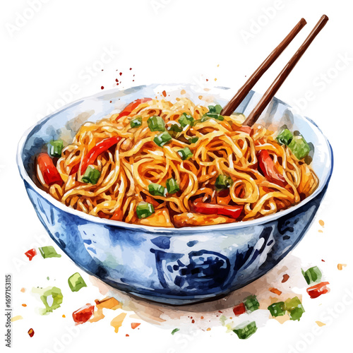 Chow Mein, watercolor illustration vector, isolated on a white background.