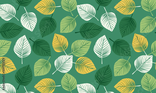 Seamless tropical pattern with hand-drawn Monstera deliciosa leaves, Exotic jungle background in a modern block print style, Vector botanical illustration with green and yellow philodendron plants