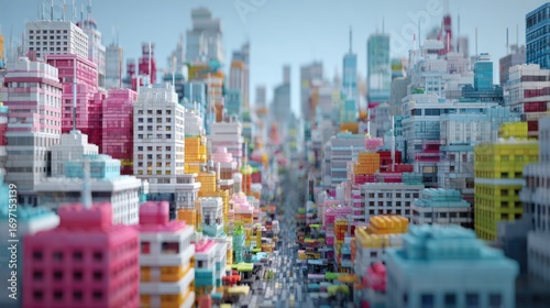 Vibrant voxel city, a creative cityscape with colorful blocks, showcasing modern architecture, and