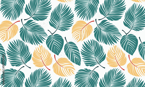 Seamless tropical pattern with hand-drawn etched palm fronds and leaves, Exotic botanical vector background in vibrant orange and teal colors