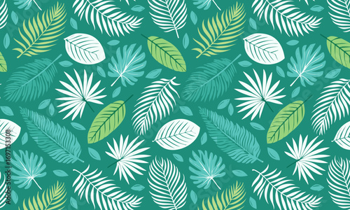 Seamless tropical jungle pattern with various textured palm leaves, Exotic botanical background with hand-drawn fronds in green, lime, and white on a dark teal backdrop