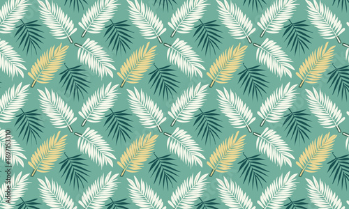 Seamless tropical pattern with hand-drawn palm leaves. Elegant summer background with graphic illustration of exotic fronds in yellow, white, and mint on a green backdrop