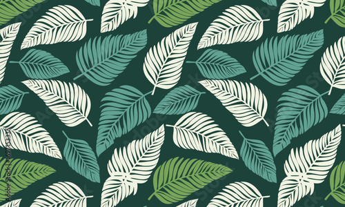 Seamless tropical pattern with elegant hand-drawn palm leaves. Luxury nature background with graphic fronds in shades of green and white on a dark teal backdrop