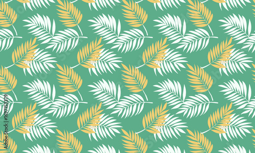 Seamless pattern with hand-drawn engraved feathers. Luxury bohemian style background with detailed linework of falling feathers or fronds in yellow, white and green on a dark teal backdrop