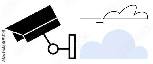 Black CCTV camera facing outdoor area with a cloud icon representing safety and monitoring. Ideal for security, privacy, technology, observation, protection, surveillance, and outdoor safety. A