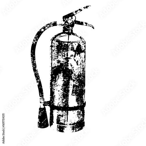 Vector Distressed fire extinguisher with hose and nozzle.
