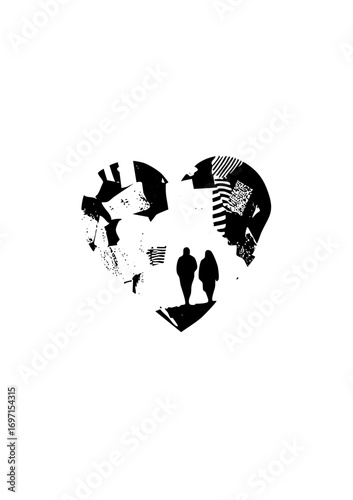 Vector Abstract figures create a heart-shaped silhouette with dynamic shadows.