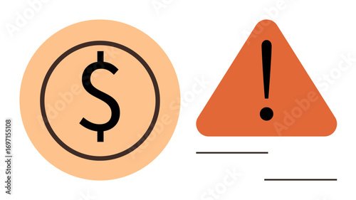Dollar sign in a circle paired with an orange triangle featuring an exclamation mark. Ideal for finance, budgeting, risk management, debt caution, economic crisis, money-saving campaigns, simple flat