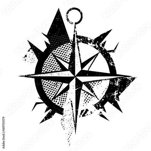 Vector Distressed compass rose with halftone details.