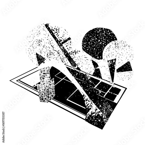 Vector Abstract geometric shapes disintegrate from a rectangular frame.