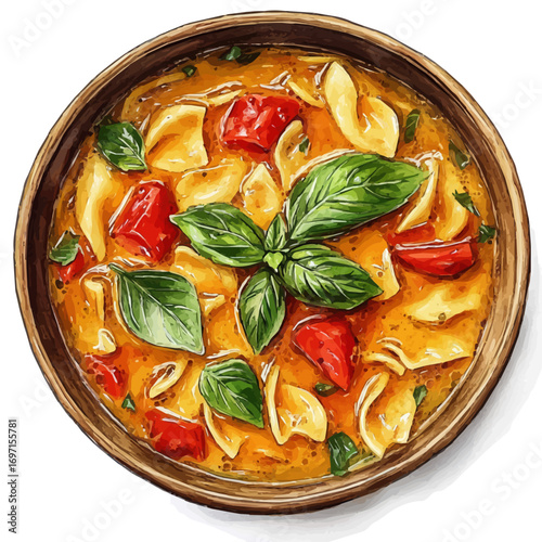 Chicken Noodle Soup, watercolor drawing vector, isolated on a white background.