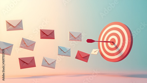 flying envelopes heading towards a red target with an arrow piercing the bullseye. Represents successful email marketing, targeted communication, and reaching the right audience