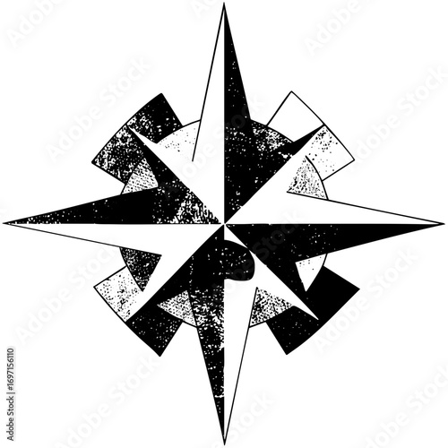 Vector Intricate black and white compass rose with textured details.