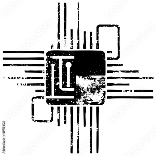 Vector Abstract microchip with connecting lines and central letter.