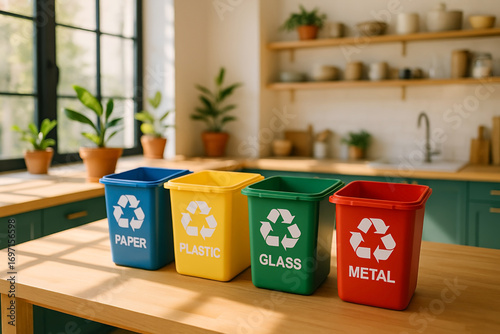 Color coded recycling bins in kitchen encouraging waste separation and sustainable habits for eco-conscious lifestyle