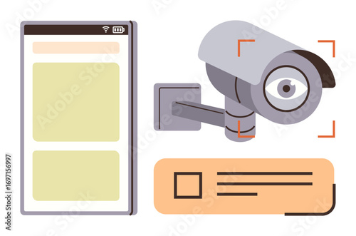 Surveillance camera observing, paired with smartphone showing monitoring interface and notification alert. Ideal for security, technology, privacy, data monitoring, IT tools, remote control