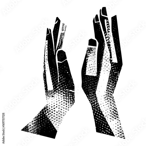 Vector Abstract hands reaching with textured halftone effect.