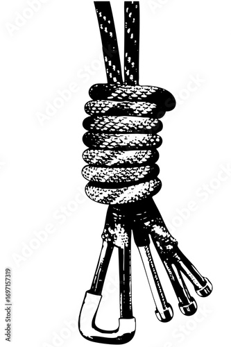 Vector Detailed of climbing gear with coiled rope and carabiners.