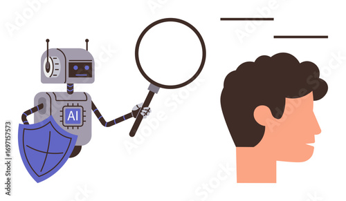 Robot labeled AI using magnifying glass to examine human head, holding shield. Ideal for technology, artificial intelligence, data security, ethical AI, innovation, privacy, futuristic simple flat