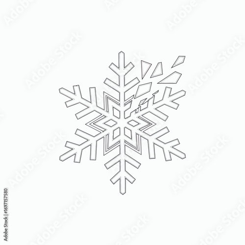 A black and white outline of a sixpointed snowflake with internal dashed lines and a fragmented topright arm