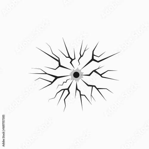 A black circular hole within a grey starlike shape with sharp irregular black cracks radiating on white