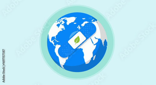 A blue and white globe with a blue bandage featuring a green leaf icon set against a light blue background