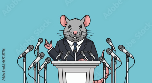 A cartoon rat in a suit and tie stands behind a podium with many microphones pointing its finger against a blue background