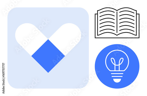 Heart icon symbolizes care, open book reflects learning, light bulb signifies innovation. Ideal for healthcare, education, creativity, design, concepts, branding simple landing page